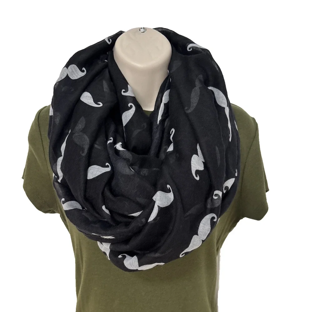 Black White Sheer Mustache Infinity Scarf Whimsy Lightweight‎ Artsy Academia